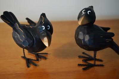 Resin Faux Wood Carved Crow Blackbird Raven Figurines Halloween Fall Home Decor
