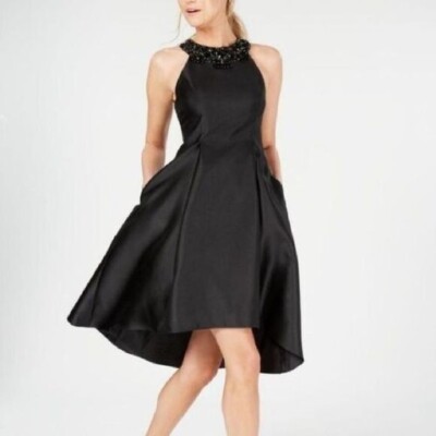 Adrianna Papell Mikado Black Formal Dress Size 2 NWT Beaded Hi Low Pockets  | eBay