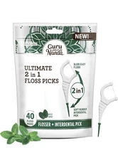 GuruNanda 2 in 1 Dental Floss Picks - Non-Slip Grip Handle, Slide Easy, 40 Count