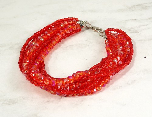 Red glass bead bracelet, multi row bead strands with seed beads, glass beads New - Picture 8 of 12