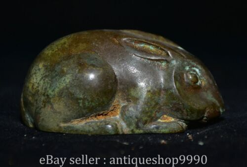 3" Old Chinese Dynasty Bronze Ware Fengshui 12 Zodiac Year Rabbit Sculpture - Picture 1 of 7