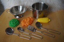 PLAY FOOD Silver Metal Pot Pan Strainer Utensil Vegetable Peas Carrots Corn Toy