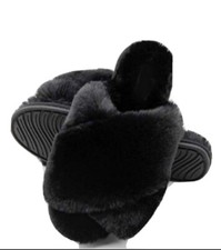 Black Faux Fur Cross Band slippers Size small 5.5-6