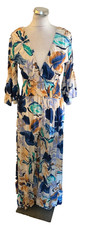 BRAND NEW FLORAL PRINT 3/4 SLEEVE FRILL TRIM WIDE LEG JUMPSUIT ONE SIZE