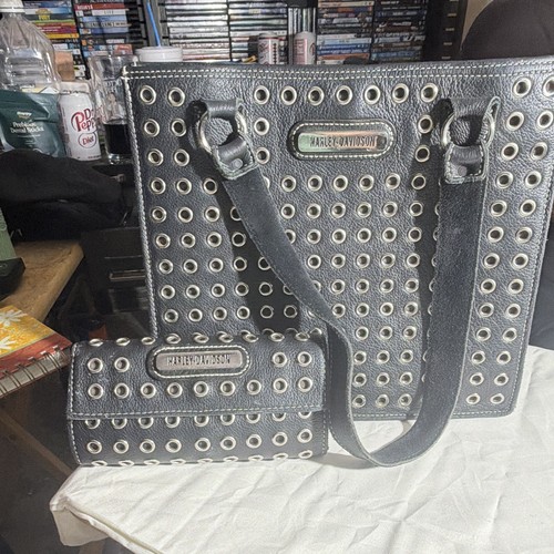 Harley-Davidson Black Grommet Tote Bag w/ Wallet Snap Closure Silver Hardware.