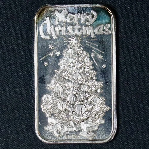 1 oz .999 Fine Silver Merry Christmas Bar Holiday Tree Art Bullion