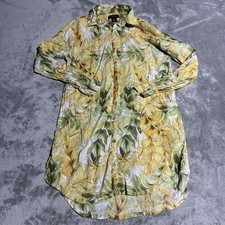 Tahari Shirt Dress Womens Medium Yellow Tropical Leaf Linen Blend Roll Tab Beach