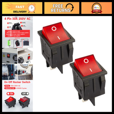30Amp 120V/250V AC Rocker Toggle Switch 4 Pin with Red LED Light - 2 Pack