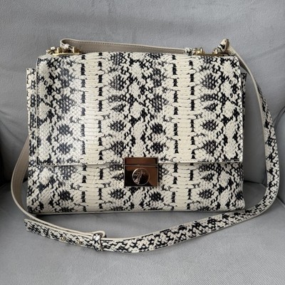 Versace Collection Genuine Leather Python Embossed Satchel Beige Black Purse Bag