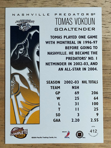 2003-04 Pacific Complete #412 Tomas Vokoun - Picture 2 of 2