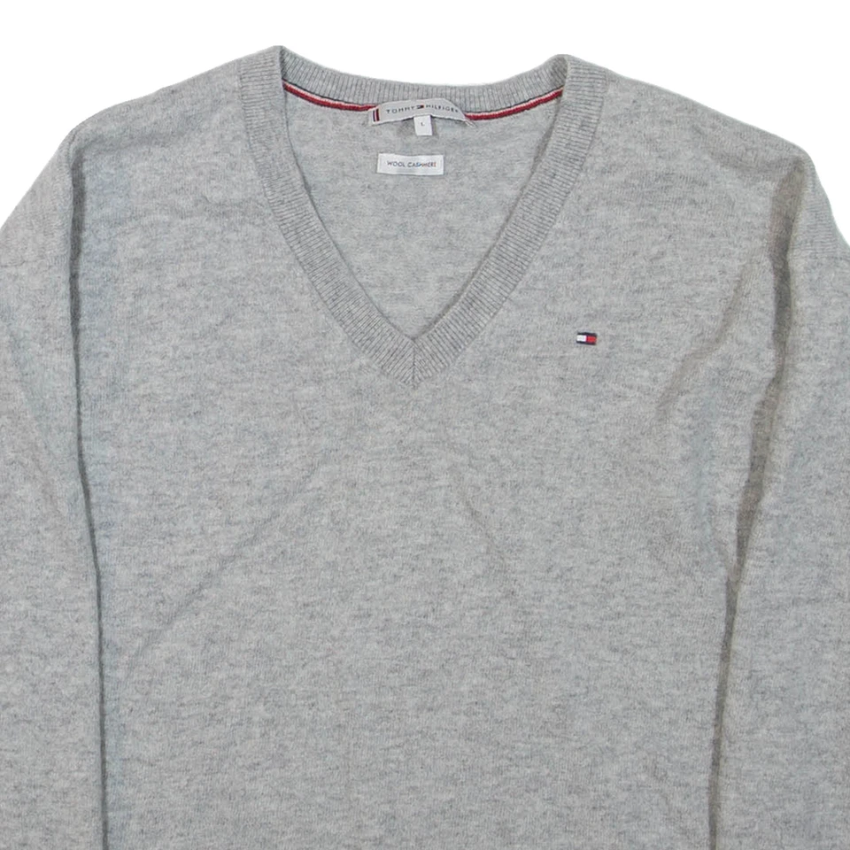 TOMMY HILFIGER Girls Jumper Grey V-Neck Tight Knit Wool L - Image 2 of 4