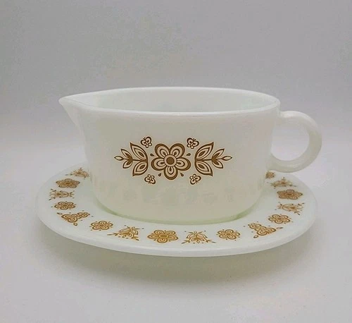Vintage 1970's Pyrex Corelle Butterfly Gold Gravy Boat #77-B Plus Under Plate