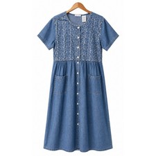 Erika  Co Blue Denim Embroidered Button Front Maxi Dress Size L Cottagecore