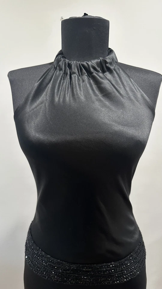 Vera Wang Maxi Gown Black US Size S Satin Halter Tie Low Back Drop Waist Dress - Image 4 of 4