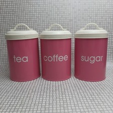 Pink Tea Coffee Sugar Canisters Storage Jars Metal Containers Set x3 Lidded Tins