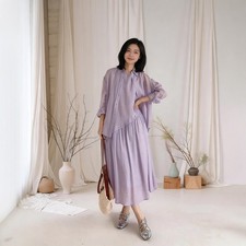 2026 Summer New Women's Linen Cotton Two-piece Purple Shirt Skirt Dress Suit Set