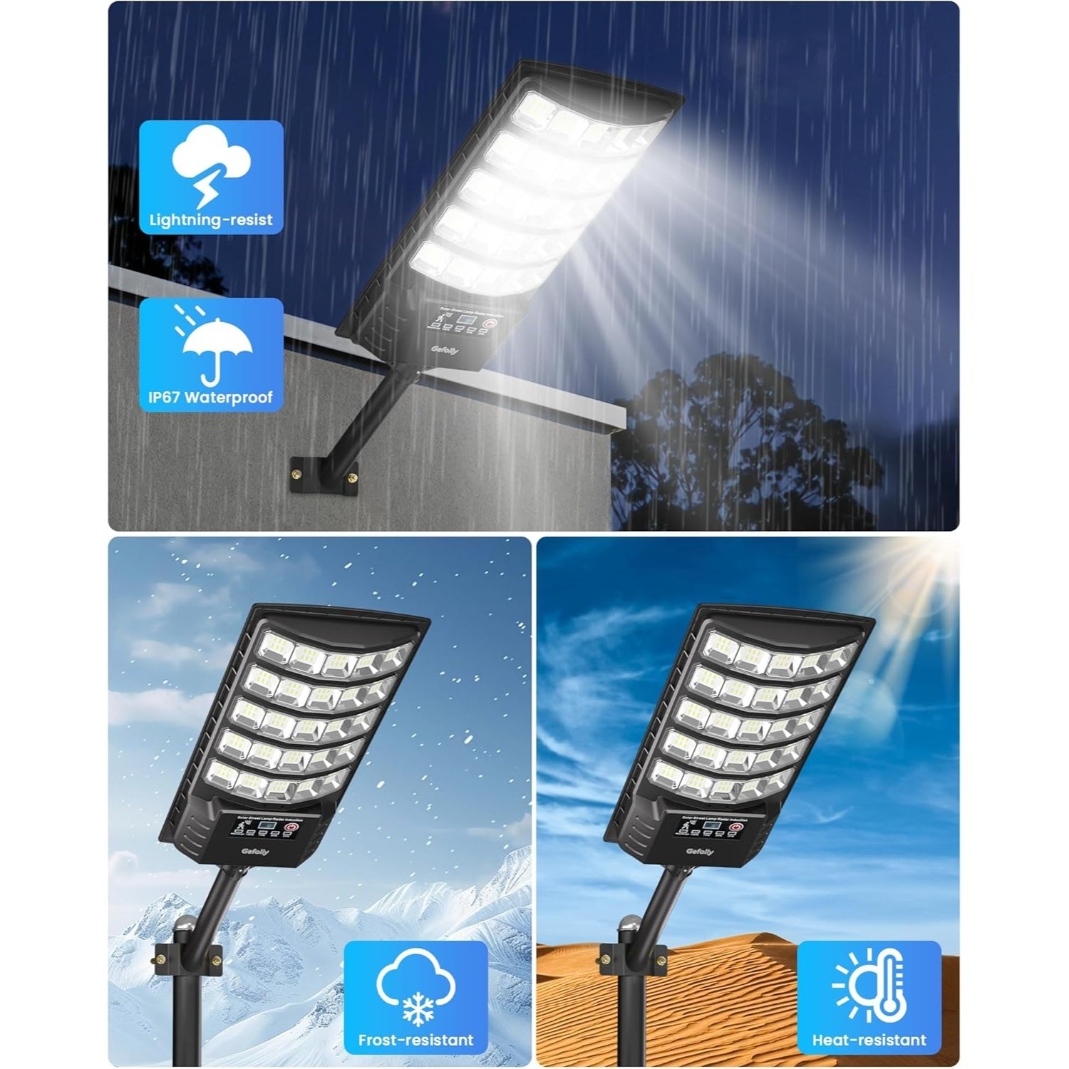 Gefolly Solar Street Light, 6500K LED, Motion Sensor, IP68 Outdoor Lamp