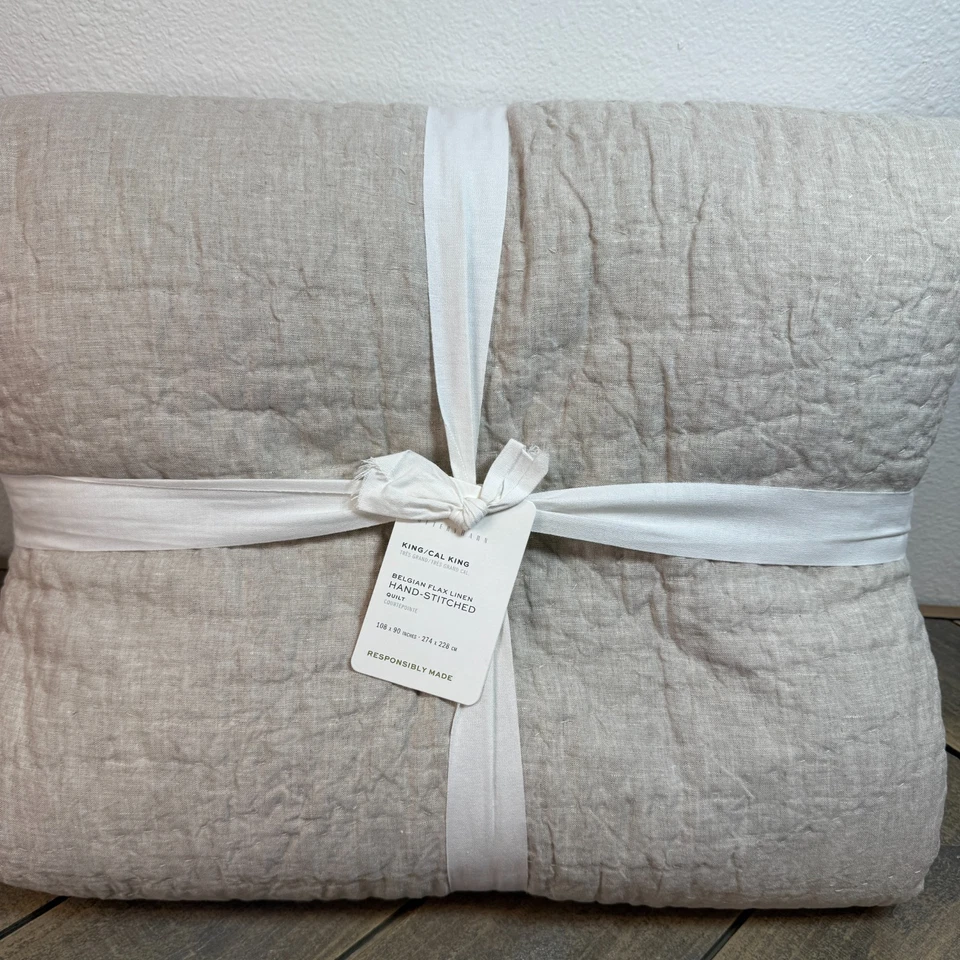 POTTERY BARN BELGIAN FLAX LINEN HANDCRAFTED QUILT, KING/CAL KING ~ FLAX (BEIGE) - Image 4 of 4