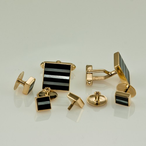DEAKIN & FRANCIS MOTHER OF PEARL ONYX CUFFLINKS 4 SHIRT STUD SET 18K YELLOW GOLD - Picture 6 of 12