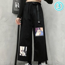 Damen Hose mit Weitem Bein Gerade Cartoon Aufdruck Lockere Harajuku Stil Schwarz