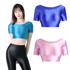 Women Tops T-shirts Shiny Tights Bodysuit Short Sleeve Yoga Sports Tanks Fitness