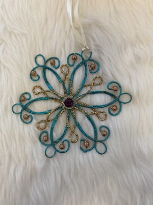 Pier 1 Glitzy Snowflake Teal Gold Purple Christmas Ornaments Set Of Two