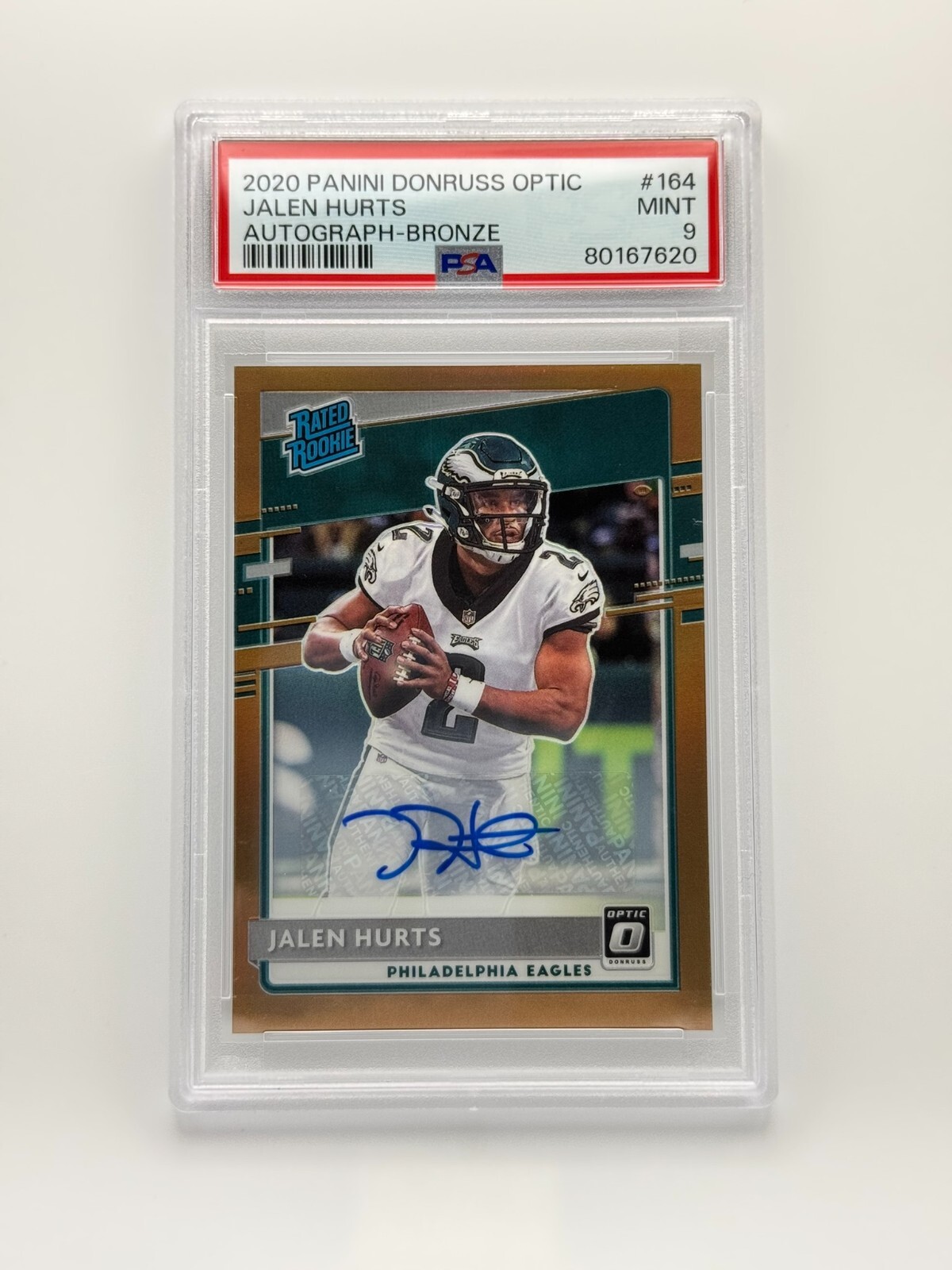 2020 Panini Donruss Optic Jalen Hurts #164 Rookie Auto Bronze RC PSA 9