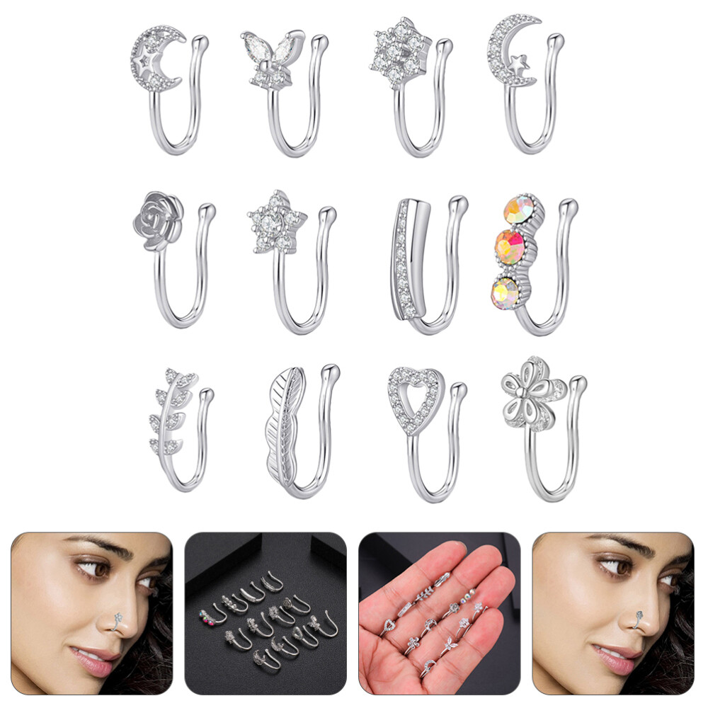 12-Piece Zircon Nose Clip Jewelry Set - Fake Nose Piercing for Women