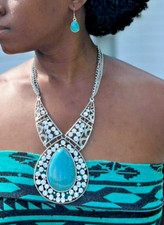 Turquoise Rhinestone Teardrop Pendant Silver Necklace  Matching Earrings Set