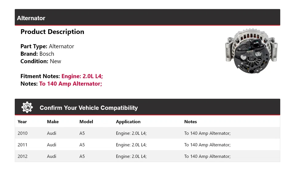 适用于 2010 - 2012 年奥迪 A5 2.0L L4 博世发电机(全新)2011 — 第 2/4 张图片