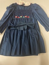 Vintage Polly Flinders Smocked Dress Blue White tricycle Tie Back long Size 6