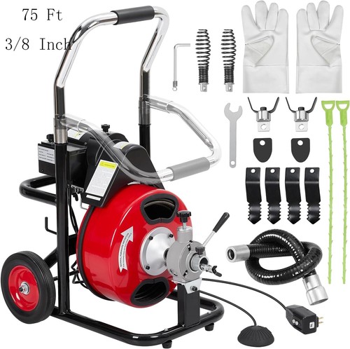 75 Ft X 3/8 Inch Drain Cleaner Machine Electric Drain Auger Auto Feed With Kits