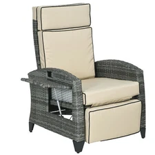 Outdoor Recliner Chair with Adjustable Backrest Cushion Khaki