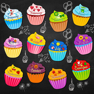 Blulu 12 Pcs Birthday Cupcakes Cutouts Birthday Chart for Classroom with Glue Po