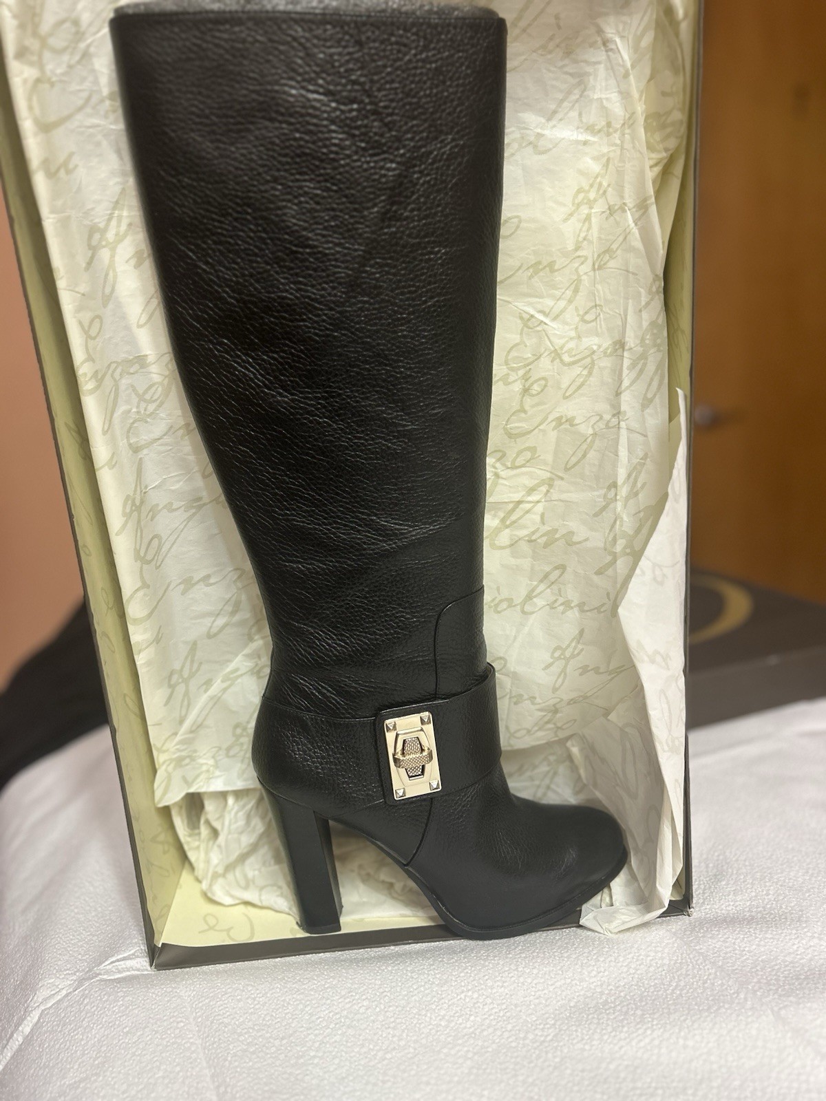 Enzo Angiolini Boots Womens Size 7.5 black Leather Tall Heeled Buckle Strap Zip