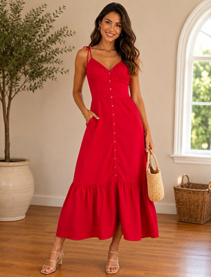 Primark Cares Red Solid V-Neck Strappy Button Front Midi Dress Size 12