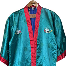Vtg Embroidered Silk Kimono Robe Teal Green Red Crane Pine Tree Chinese Large