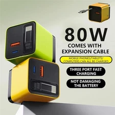 3in1 GaN Charger Compatible with 80W Fast Charger with Retractable Type-C Cable
