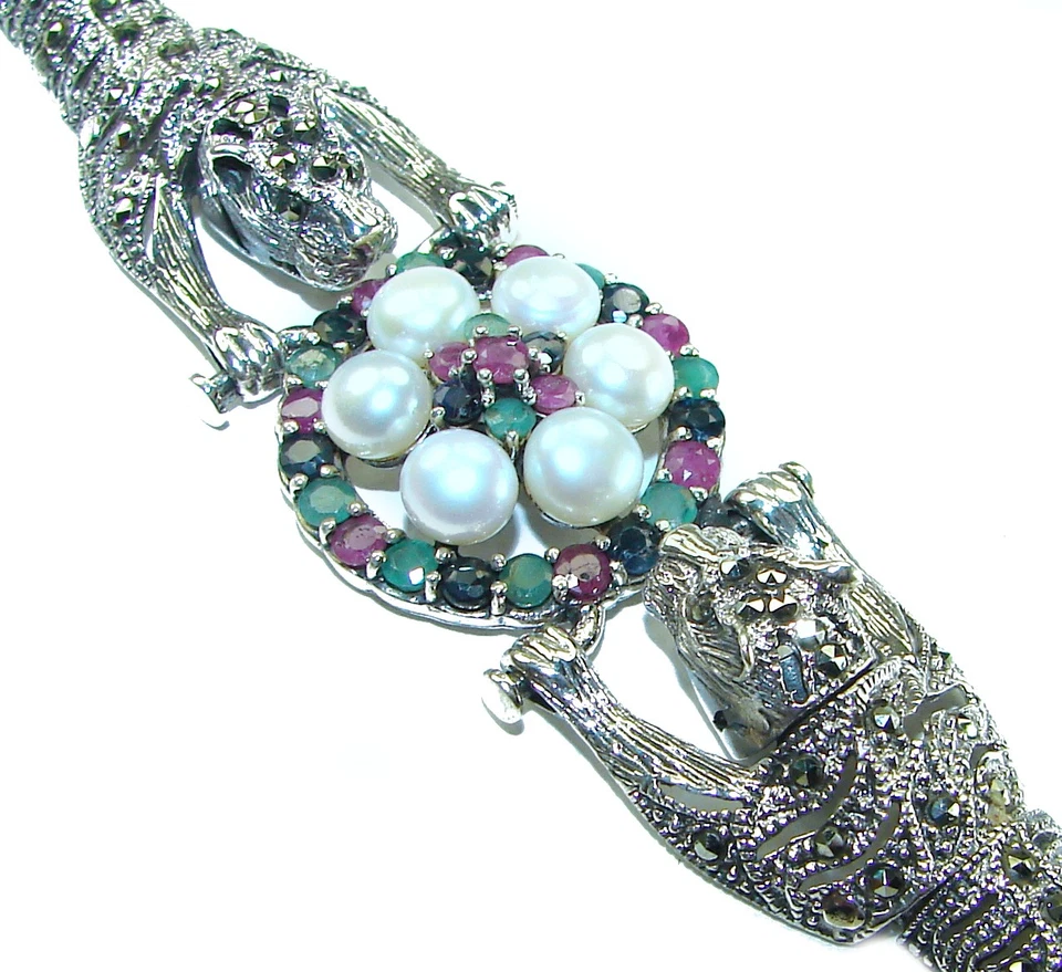 Sterling Silver Red Pearl Panther Bracelet Handcrafted 925 Silver Unique - Image 2 of 4