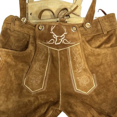 Bavaria Trachten Lederhosen Suspenders Knee Length Men's Brown Suede With Stag