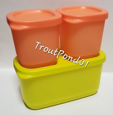 Tupperware Basic Bright Square Round Parrot Green + Coral Storage Fridge Snack
