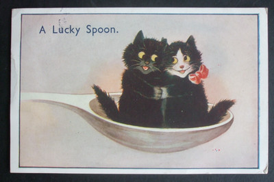 Alter Comic WAIN WIE SCHWARZE KATZEN KÄTZCHEN EIN GLÜCKSLÖFFEL KATZE SITZT IM LÖFFEL Humor