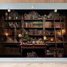 7X5Ft Vintage Bookshelf Photography Backdrop - Dark Academia Library Wall