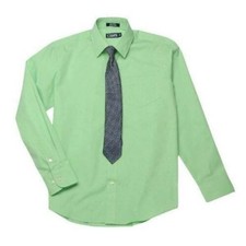 Boys Dress Shirt Set 12 Chaps Green Long Sleeve Collared & Blue Clip On Tie