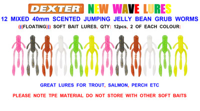12 GEMISCHTE 40mm TPE SCHWIMMEND JUMPING JELLY BEAN GRUB BUG WEICHKÖDER FORELLENKÖDER