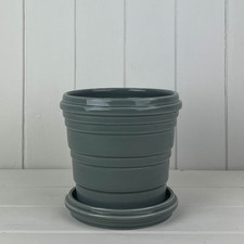 Grey Ceramic Plant Pot & Saucer 16cm Pot Ribbed Indoor Glazed Planter Decor