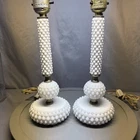 9.5" Vtg Milk Glass Hobnail Set of 2 Boudoir Lamps,Cottage,Farmhouse,Vanity