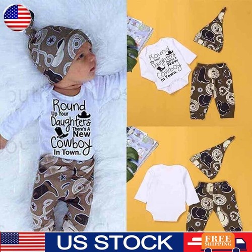 Newborn Infant Baby Boys Romper Bodysuit Tops Pants Hat 3PCS Clothes Set Outfits