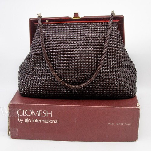 Vintage GLOMESH brown handbag - plastic/lucite frame - in original box - c1960s