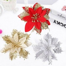10 X Christmas Glitter Flowers Artificial Flower Head for Xmas Tree Omament